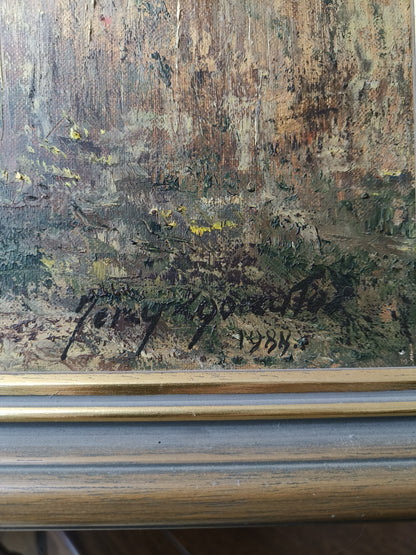 Obraz J. Zgorzałek "Wiejski pejzaż ze stogami i wiatrakiem" 1988 r.