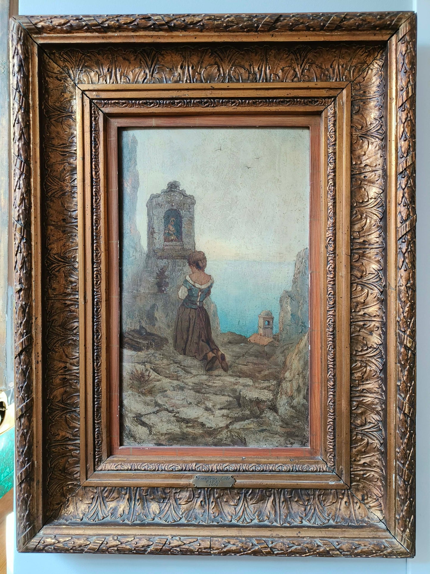 Obraz modląca się, sygnowany F. von Domer-Esche, zdobiona rama