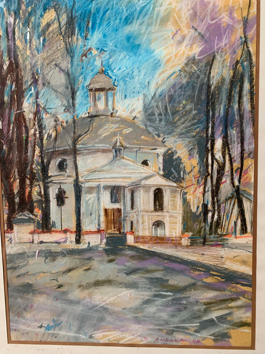 Obraz pastel  M. Andała "Żyrzyn - widok na klasycystyczny kościół" 1996 r.