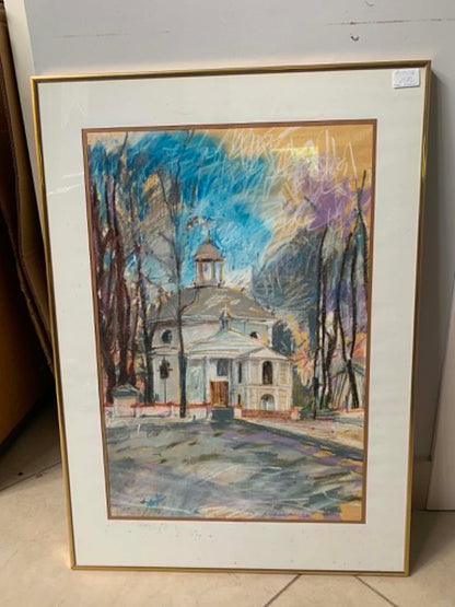 Obraz pastel  M. Andała "Żyrzyn - widok na klasycystyczny kościół" 1996 r.
