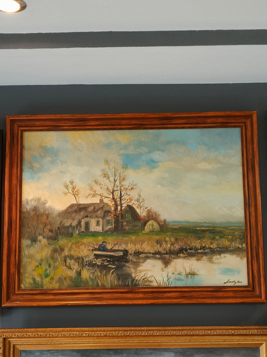 Obraz, olej na płótnie, pejzaż z jeziorem, sygnowany