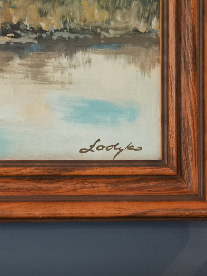 Obraz, olej na płótnie, pejzaż z jeziorem, sygnowany