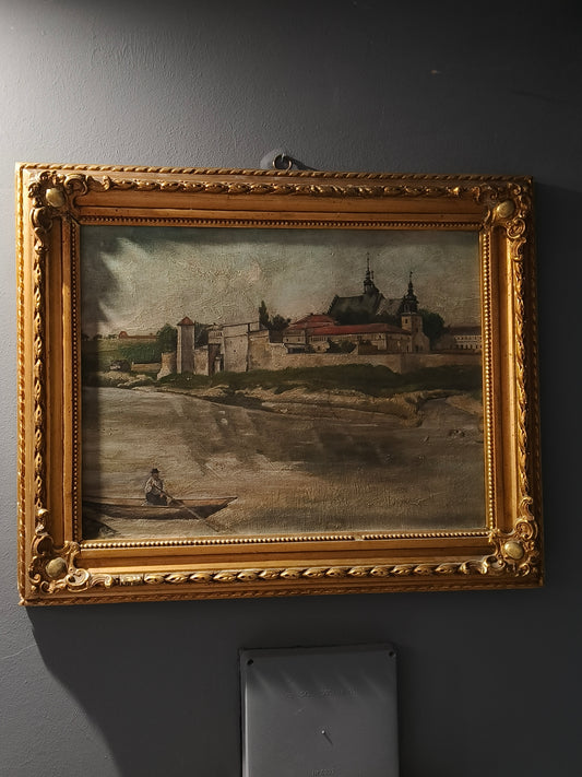 Obraz, olej na płótnie, miasto nad rzeką