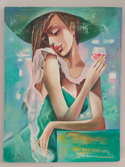 Obraz, olej na płótnie "Dama z kieliszkiem" E. Lesoklińska