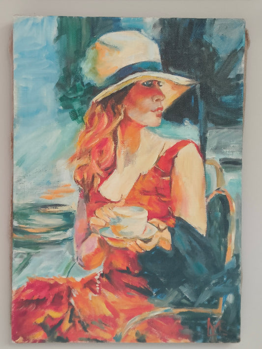 Obraz, olej na płótnie "W oczekiwaniu na spotkanie" L. Wrońska