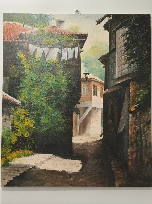 Obraz, olej na płótnie, ulica w cieniu, Rosiński