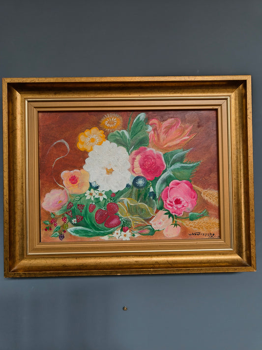 Obraz kwiaty, olej na płótnie, W. Kostrzyńska