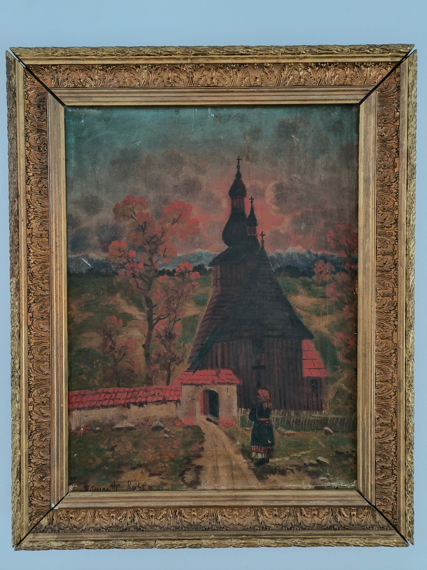 Obraz zabytkowy, pejzaż, kościół, sygnowany, XIX w.