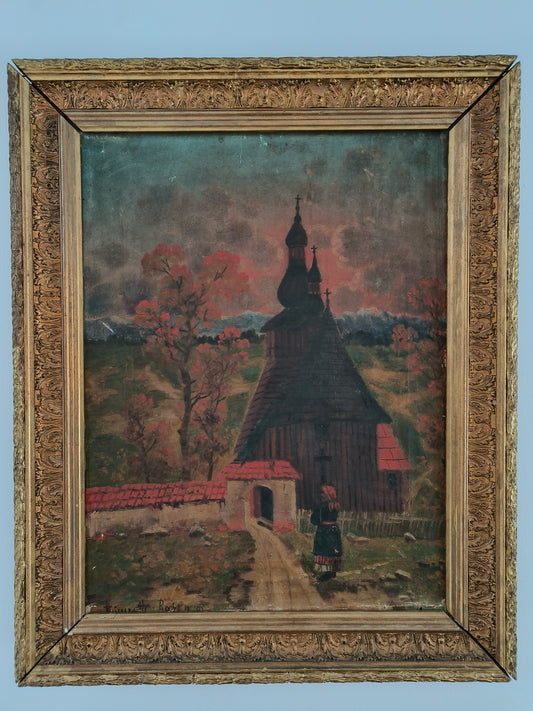 Obraz zabytkowy, pejzaż, kościół, sygnowany, XIX w.