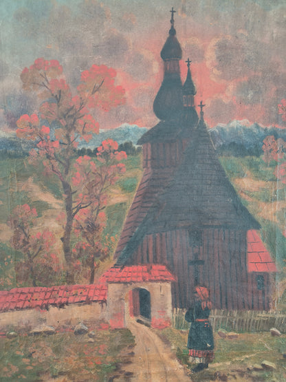 Obraz zabytkowy, pejzaż, kościół, sygnowany, XIX w.