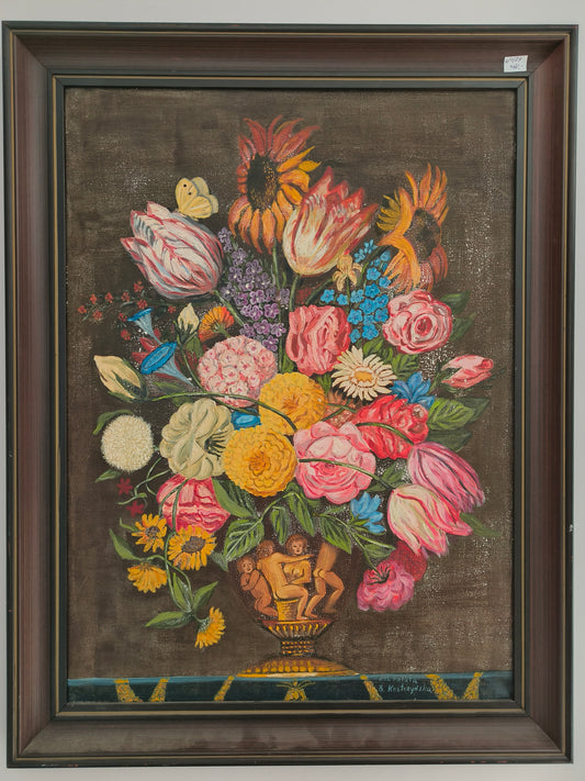 Obraz duży kwiaty, olej na płótnie, B. Kostrzyńska