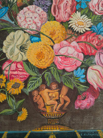 Obraz duży kwiaty, olej na płótnie, B. Kostrzyńska