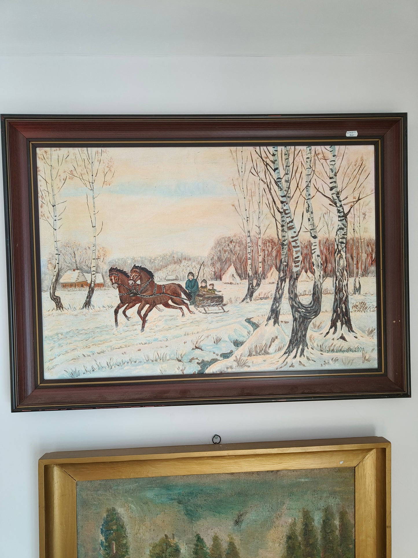 Obraz duży, pejzaż, zaprzęg koni B. Kostrzyńska 2000