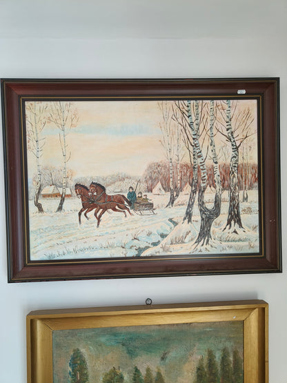 Obraz duży, pejzaż, zaprzęg koni B. Kostrzyńska 2000