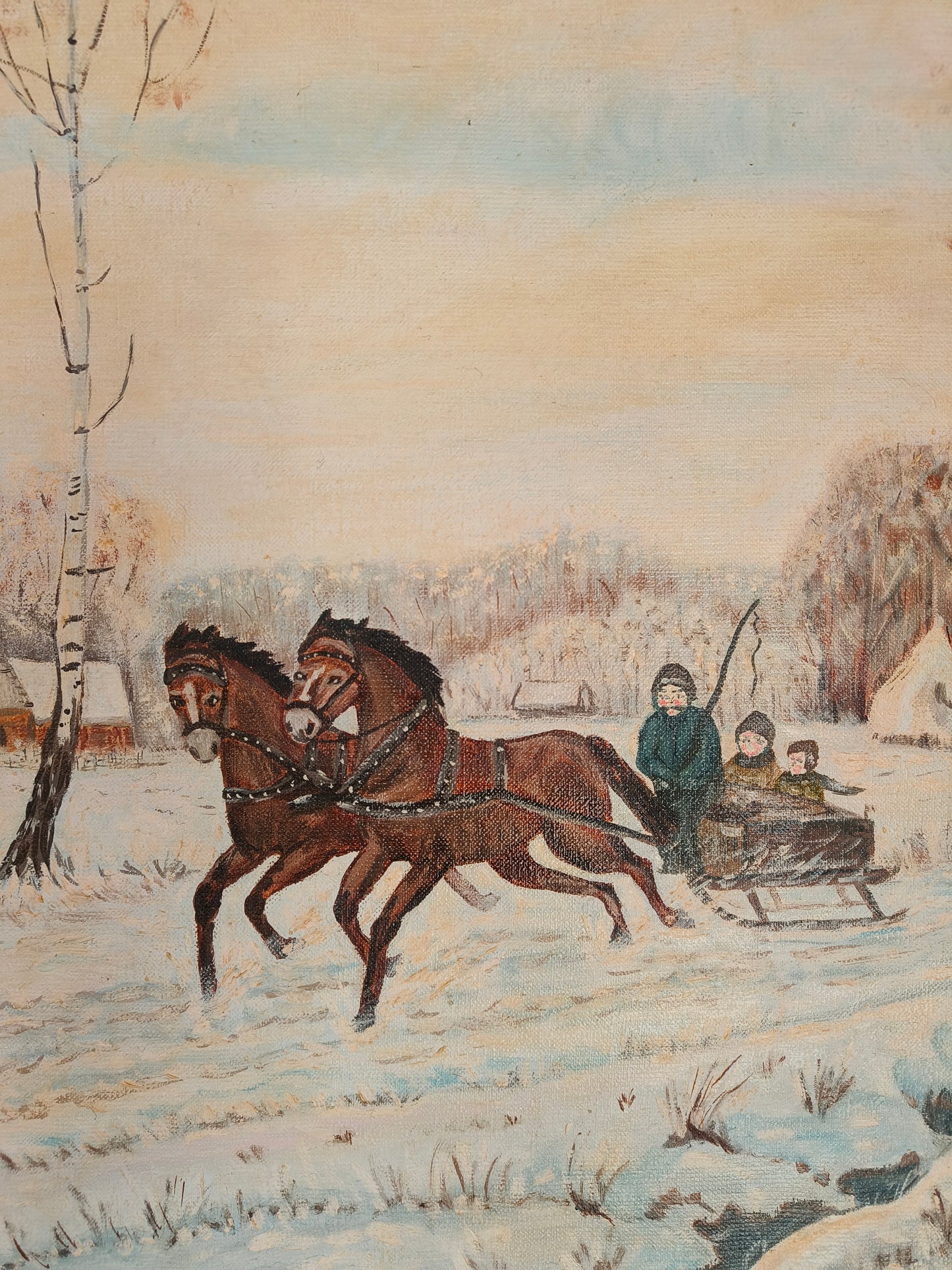 Obraz duży, pejzaż, zaprzęg koni B. Kostrzyńska 2000