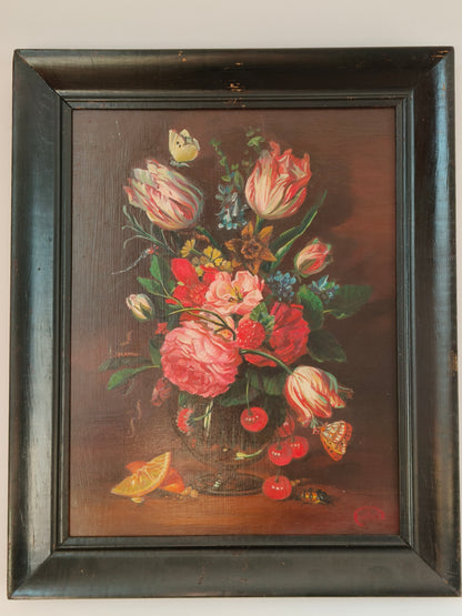 Painting, flowers, oil on board, signed