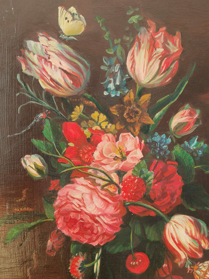 Painting, flowers, oil on board, signed