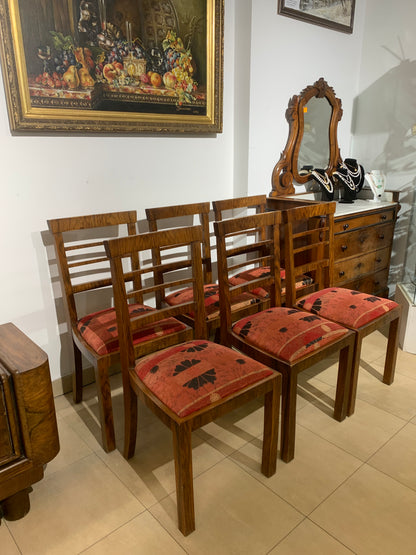 Krzesła art deco orzechowe, tapicerowane lata 30-e, 11 szt.
