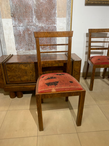 Krzesła art deco orzechowe, tapicerowane lata 30-e, 11 szt.