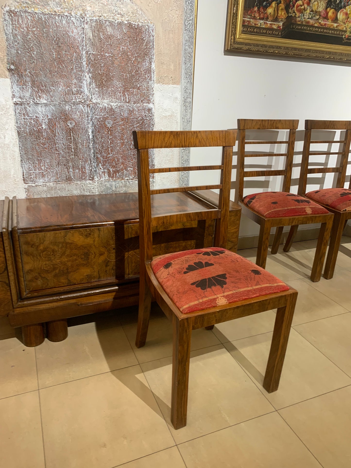 Krzesła art deco orzechowe, tapicerowane lata 30-e, 11 szt.