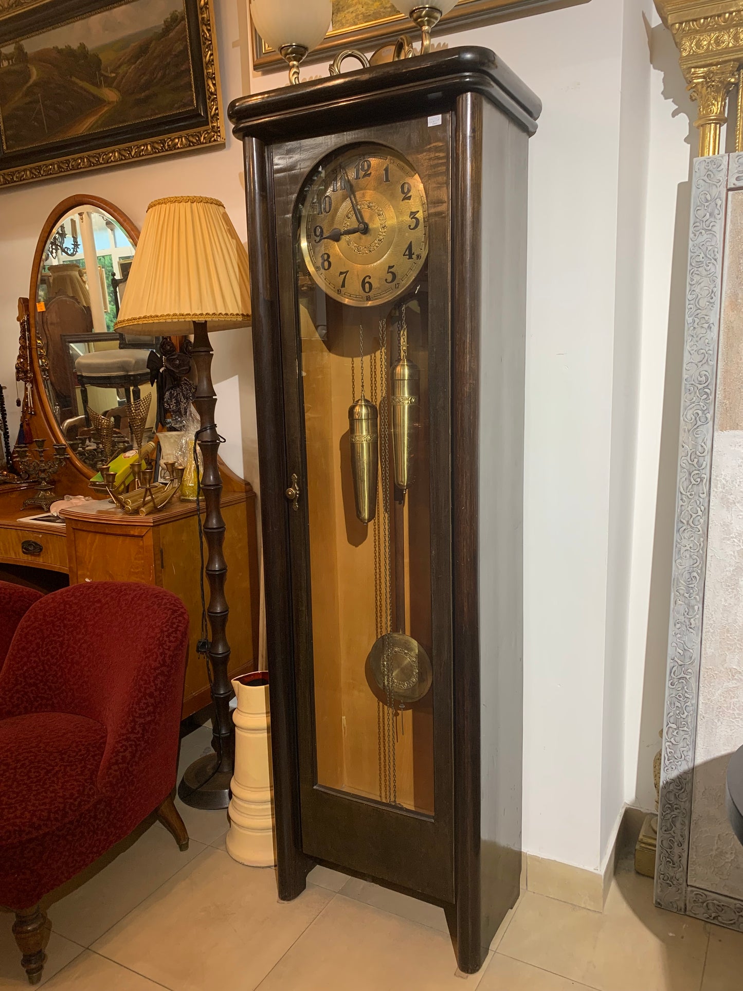 Przedwojenny zegar podłogowy, wagowy w dębowej obudowie z lat 20 ch