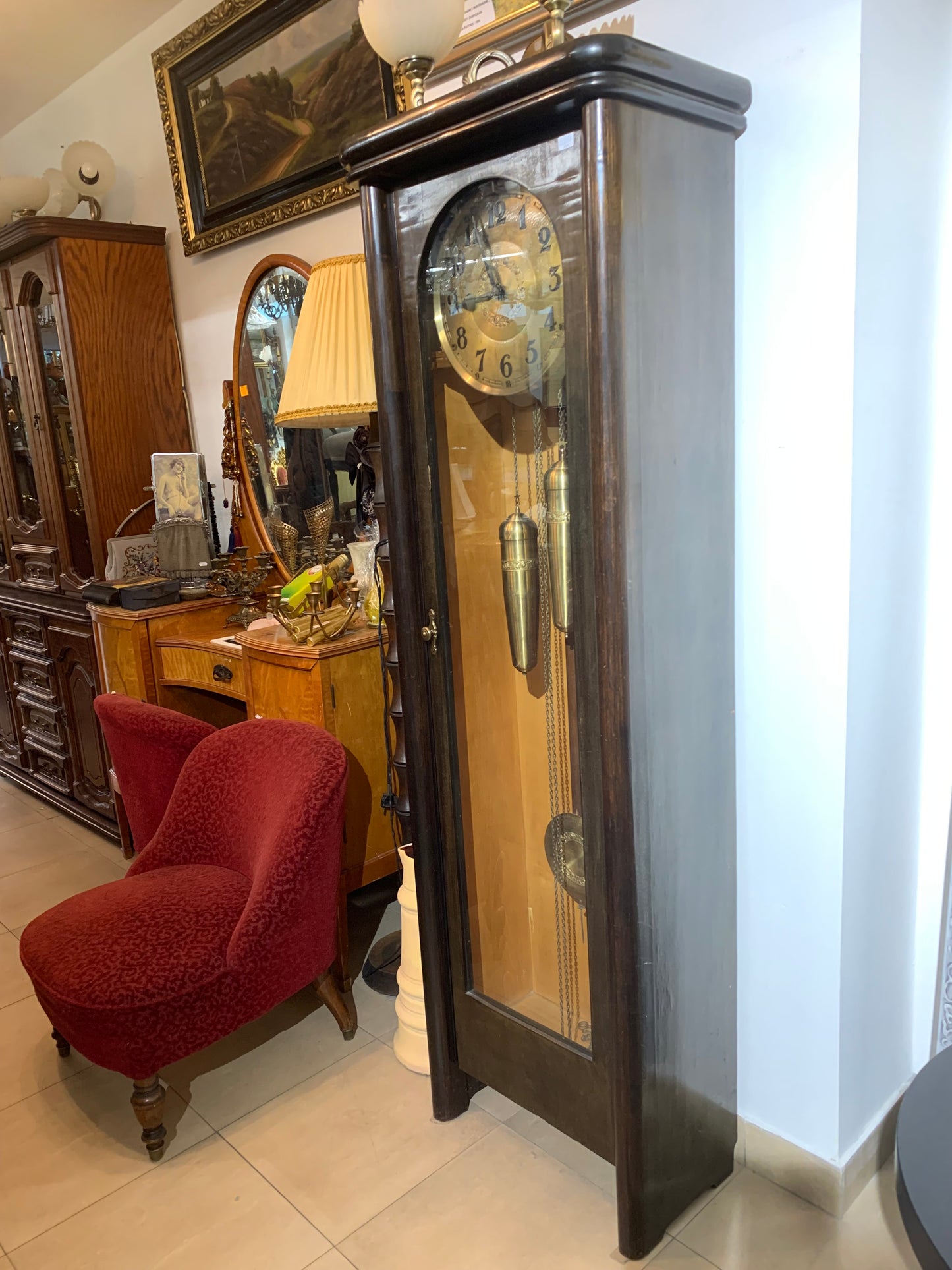 Przedwojenny zegar podłogowy, wagowy w dębowej obudowie z lat 20 ch