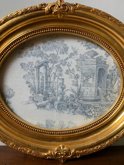 Obraz stylowy, gobelin, drewniana, owalna rama złocona
