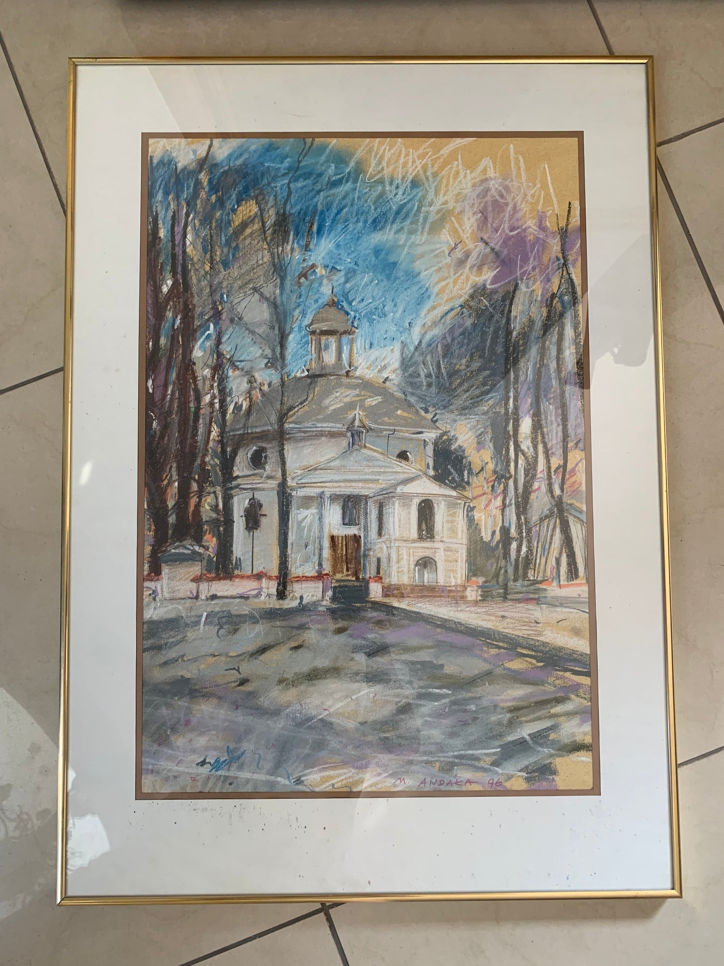 Obraz pastel  M. Andała "Żyrzyn - widok na klasycystyczny kościół" 1996 r.