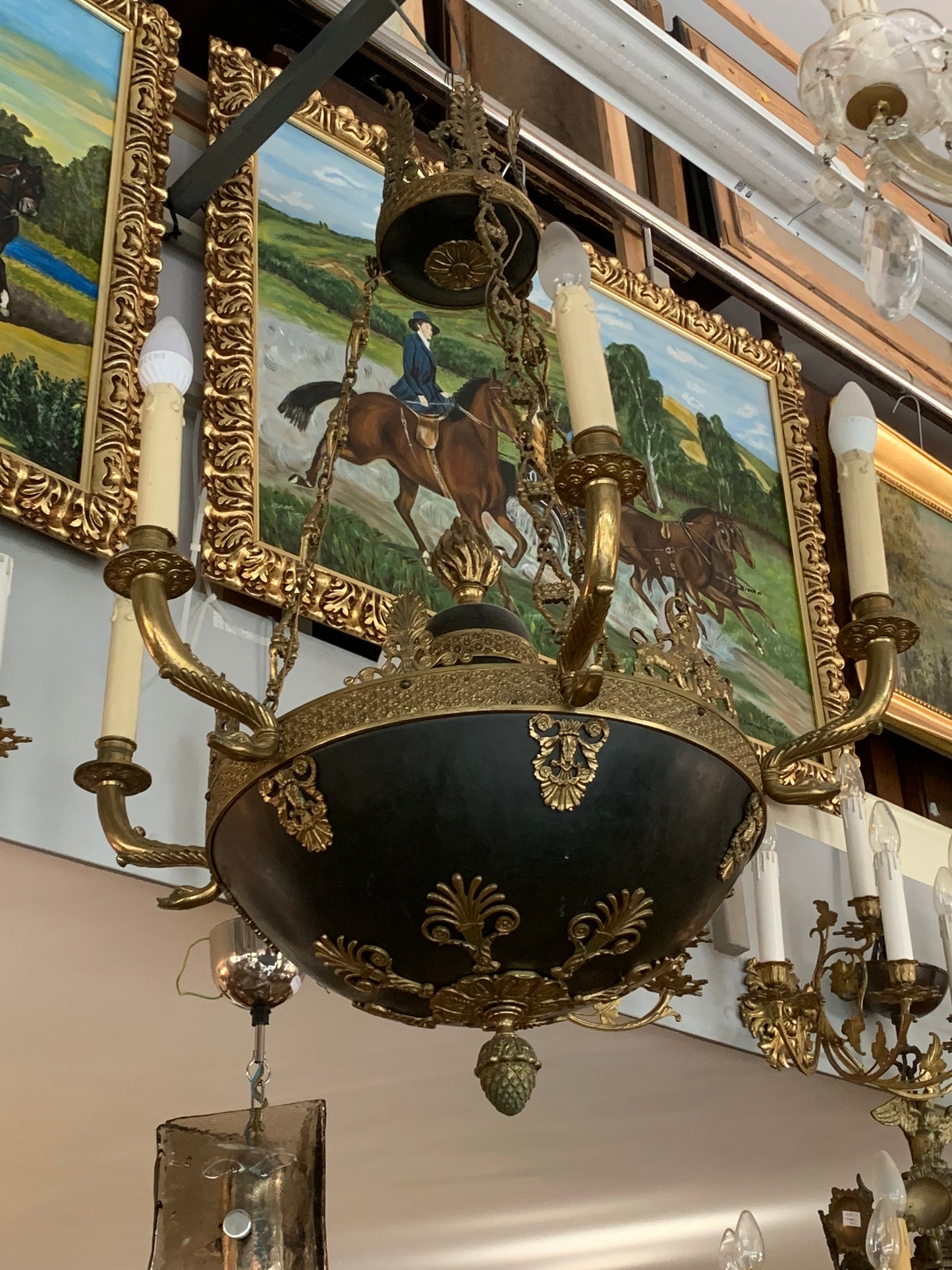 Żyrandol secesyjny, mosiądz, świece