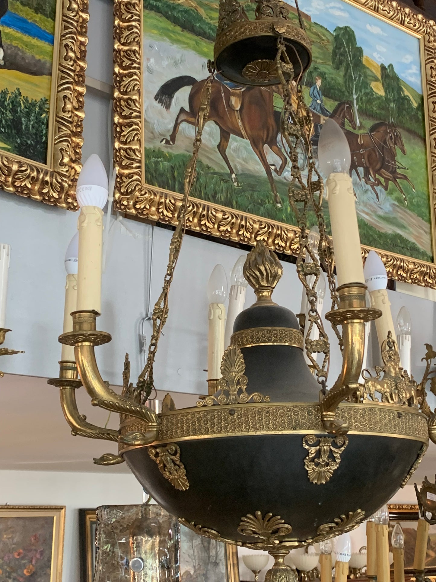 Żyrandol secesyjny, mosiądz, świece