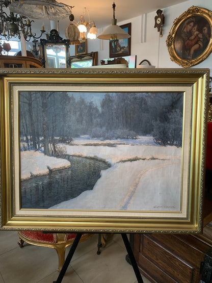 Obraz "Pejzaż zimowy z potokiem"  Wiktor Korecki (1890-1980)