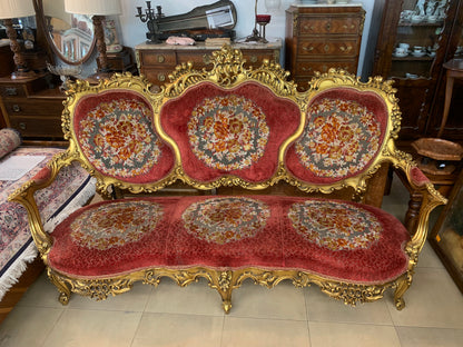Sofa 3-osobowa barokowa, drewniana, rzeźbiona, złocenia