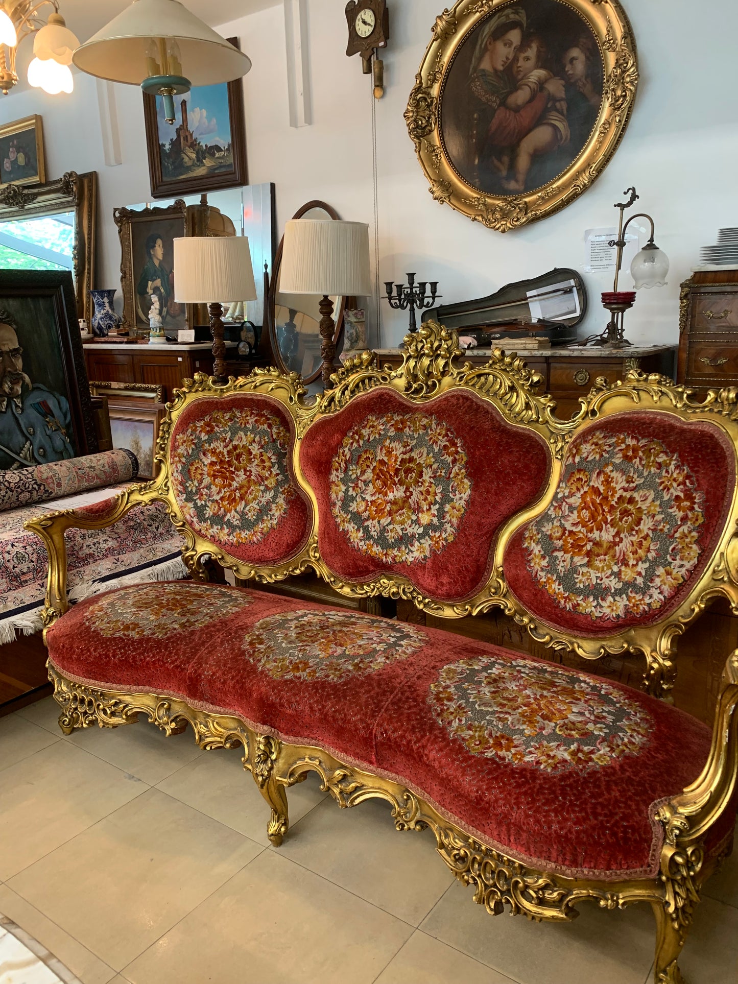 Sofa 3-osobowa barokowa, drewniana, rzeźbiona, złocenia