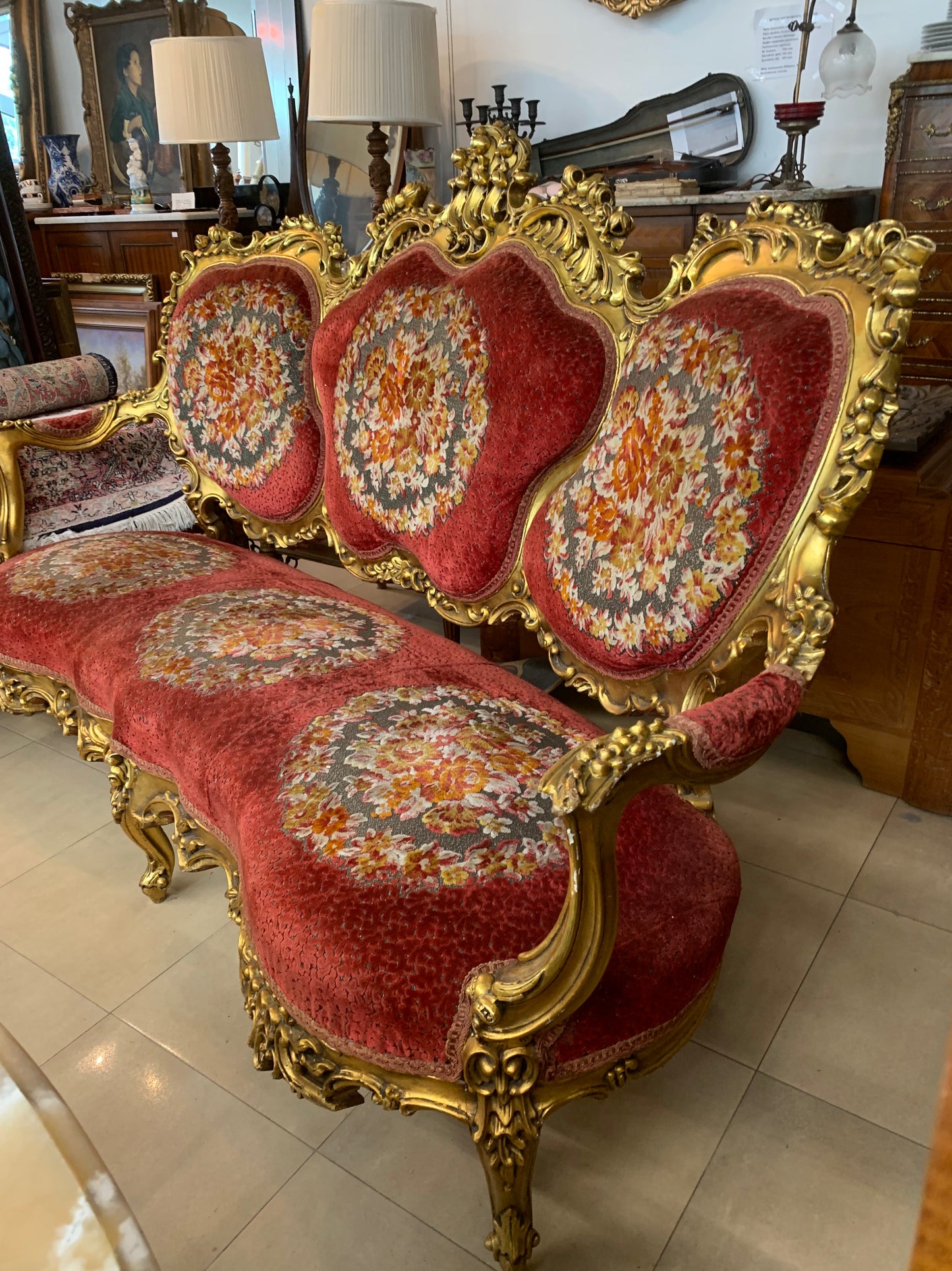 Sofa 3-osobowa barokowa, drewniana, rzeźbiona, złocenia