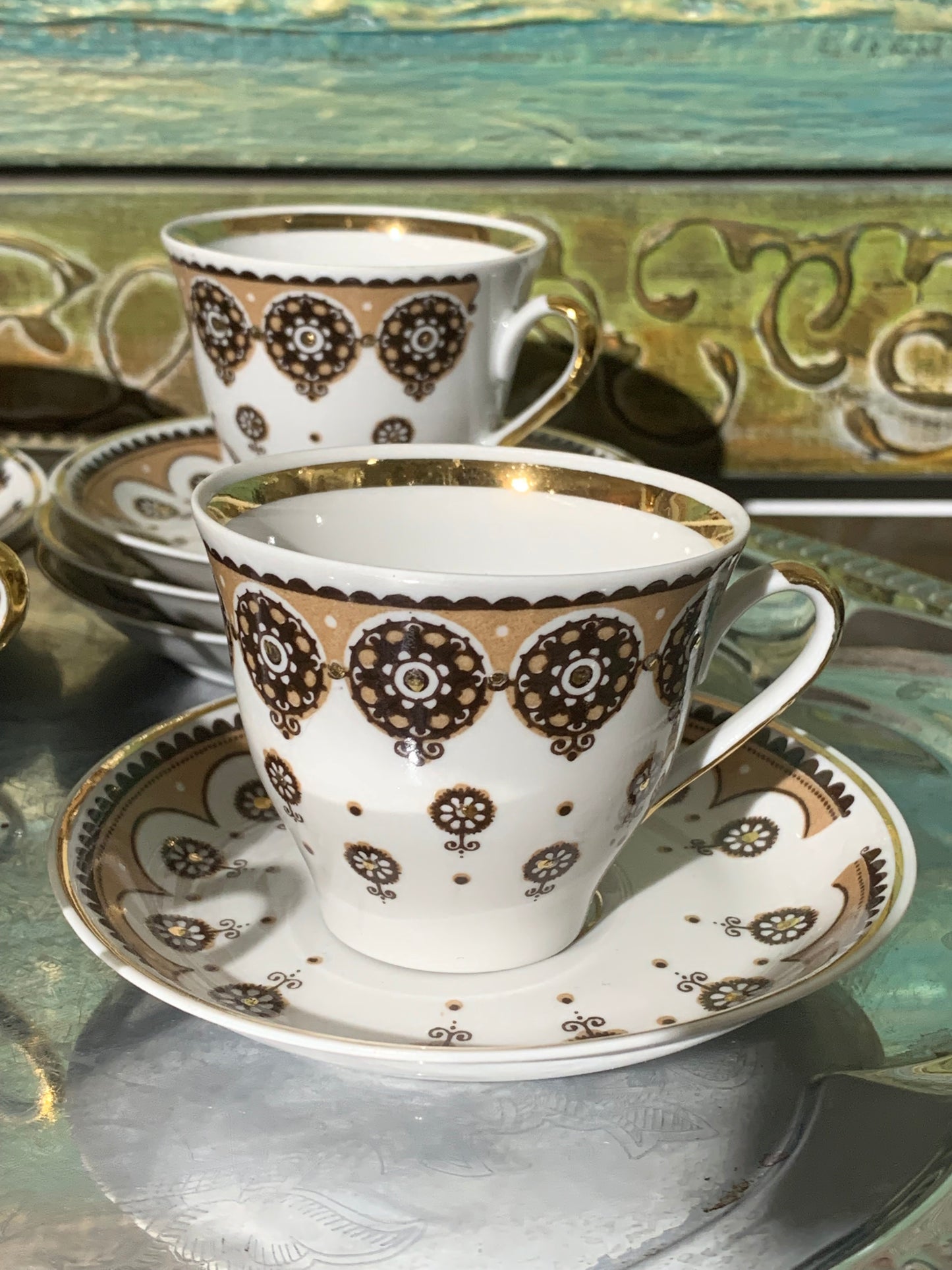 Serwis kawowy, porcelanowy, złocenia, na 6 osób