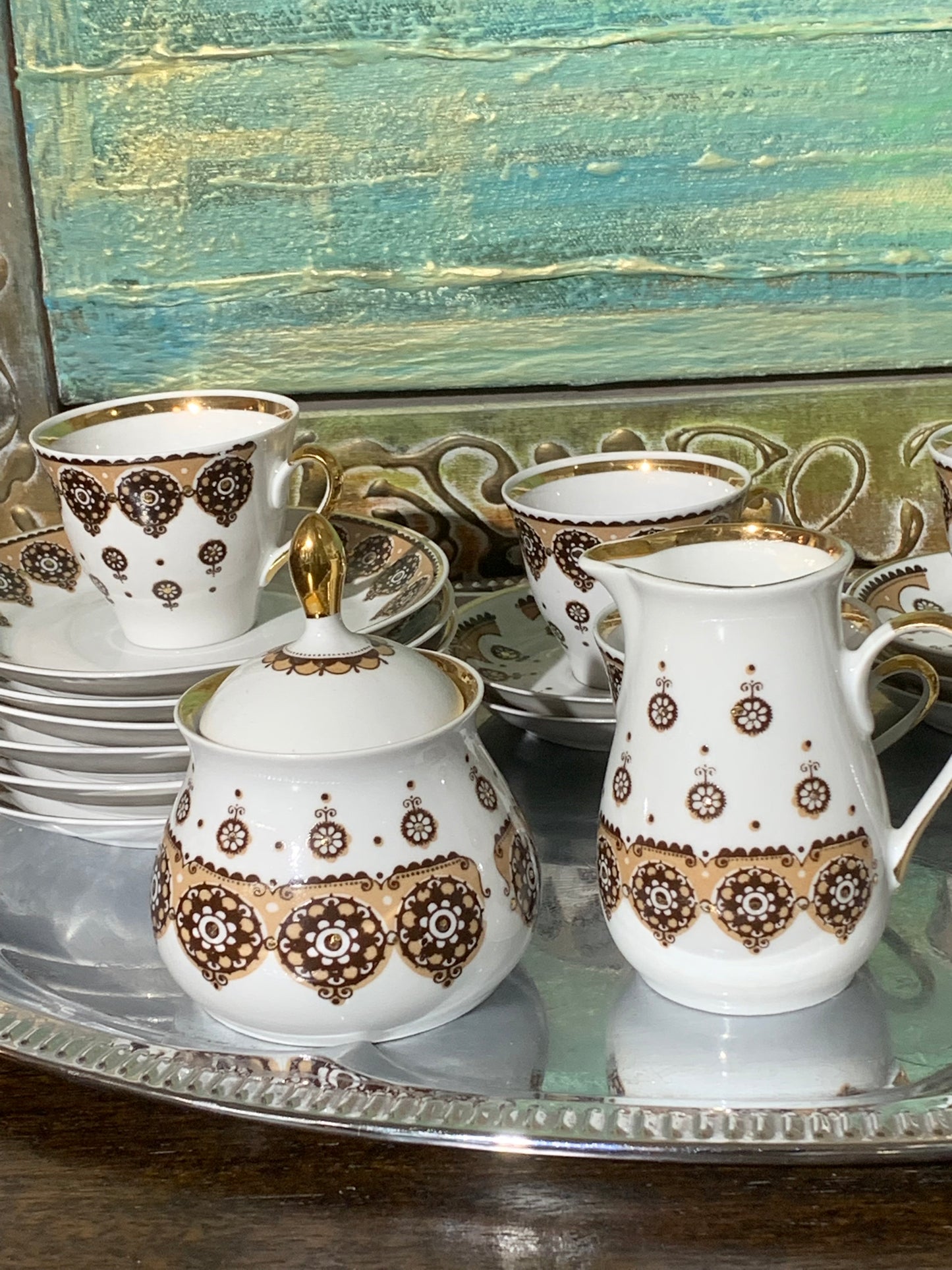 Serwis kawowy, porcelanowy, złocenia, na 6 osób