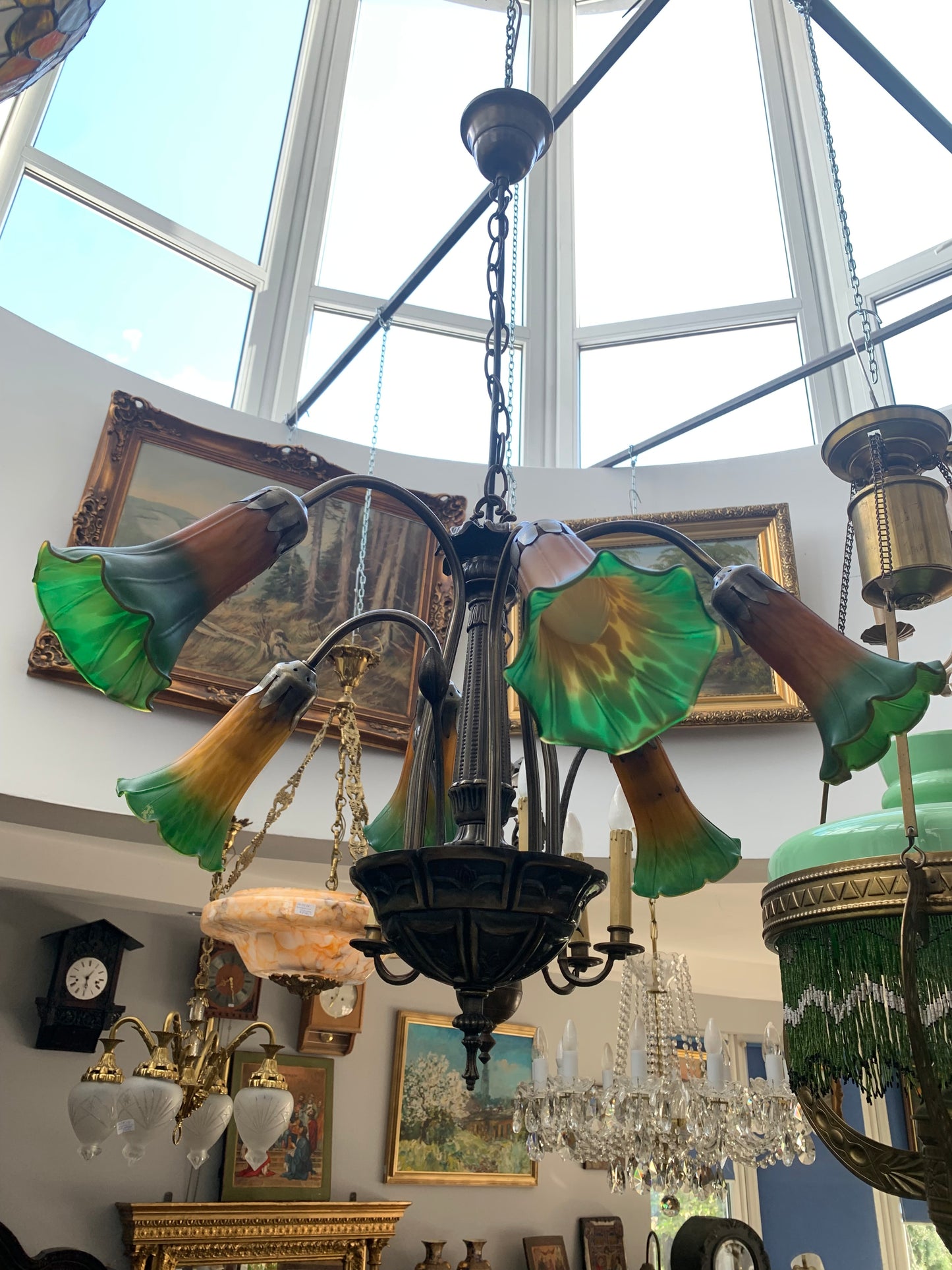 Żyrandol w stylu Art Nouveau 5 ramienny ze szklanymi