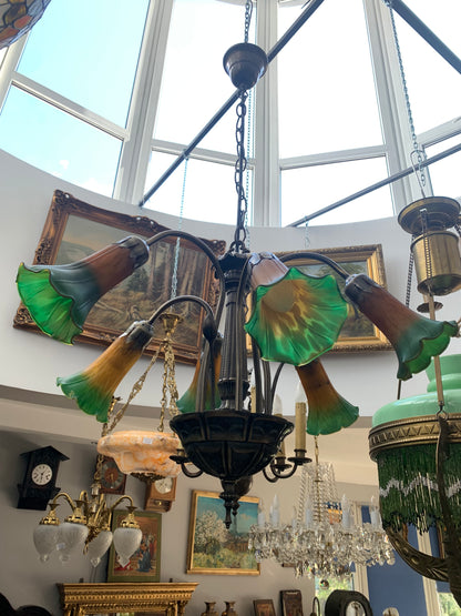 Żyrandol w stylu Art Nouveau 5 ramienny ze szklanymi