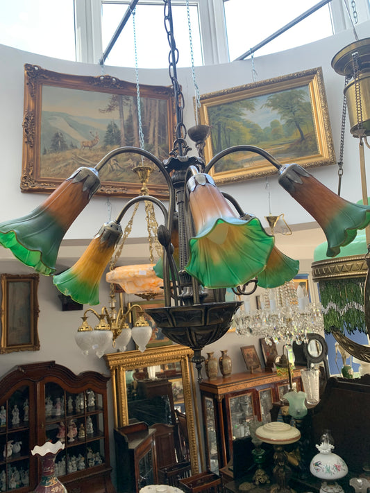 Żyrandol w stylu Art Nouveau 5 ramienny ze szklanymi