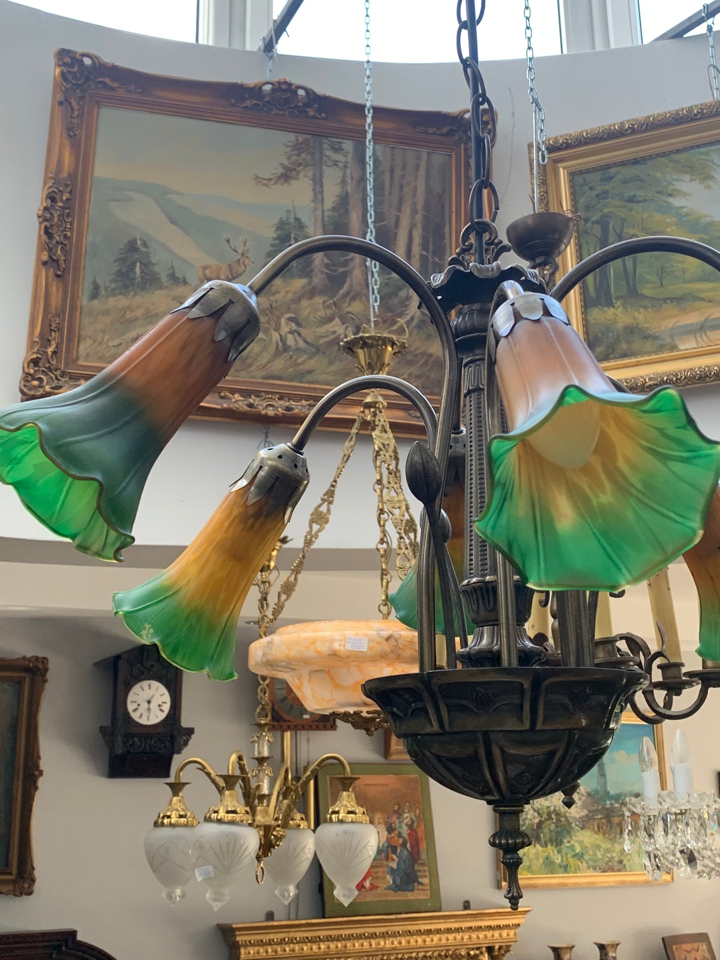 Żyrandol w stylu Art Nouveau 5 ramienny ze szklanymi