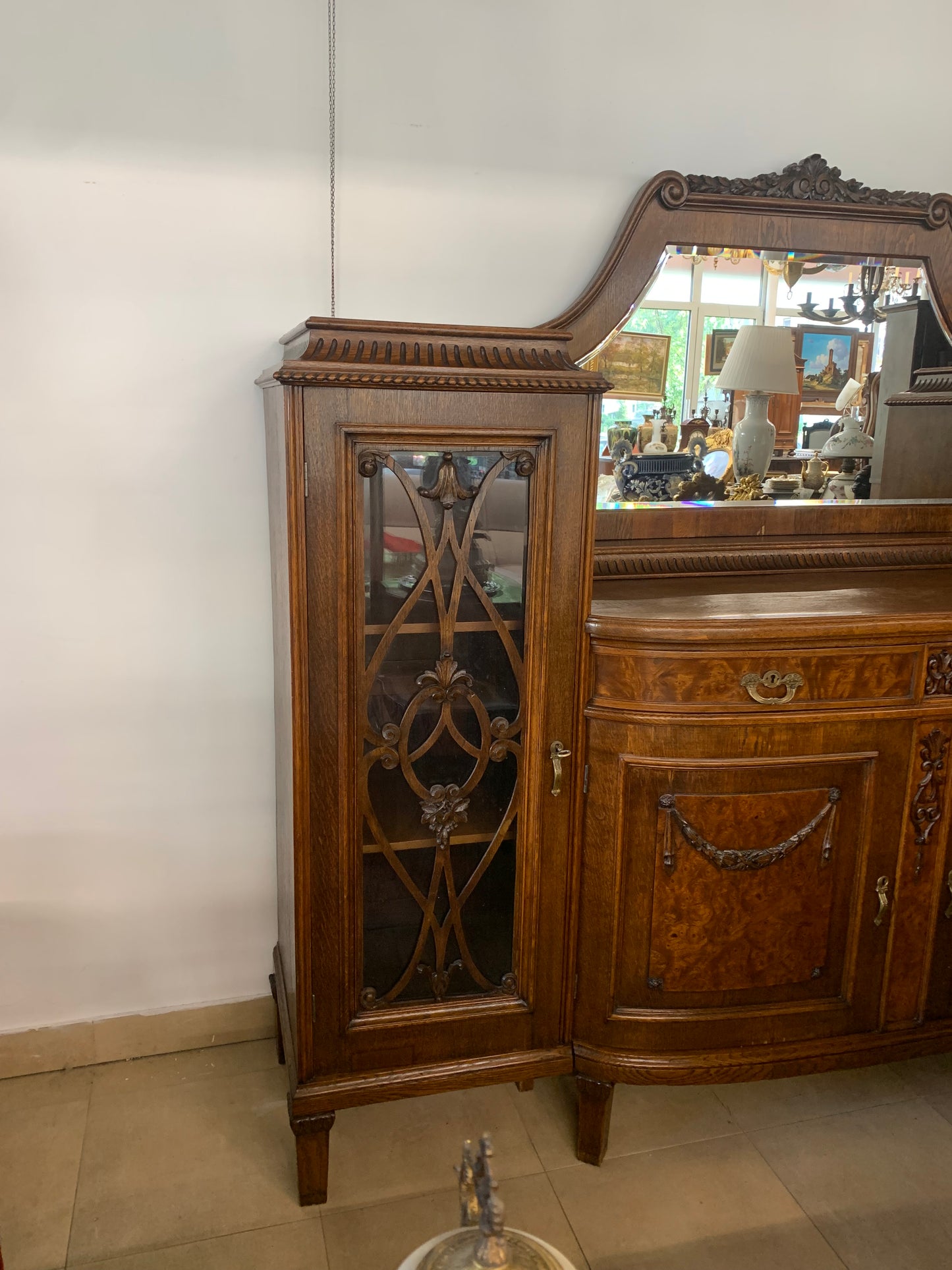 Kredens secesyjny, dębowy z lustrem