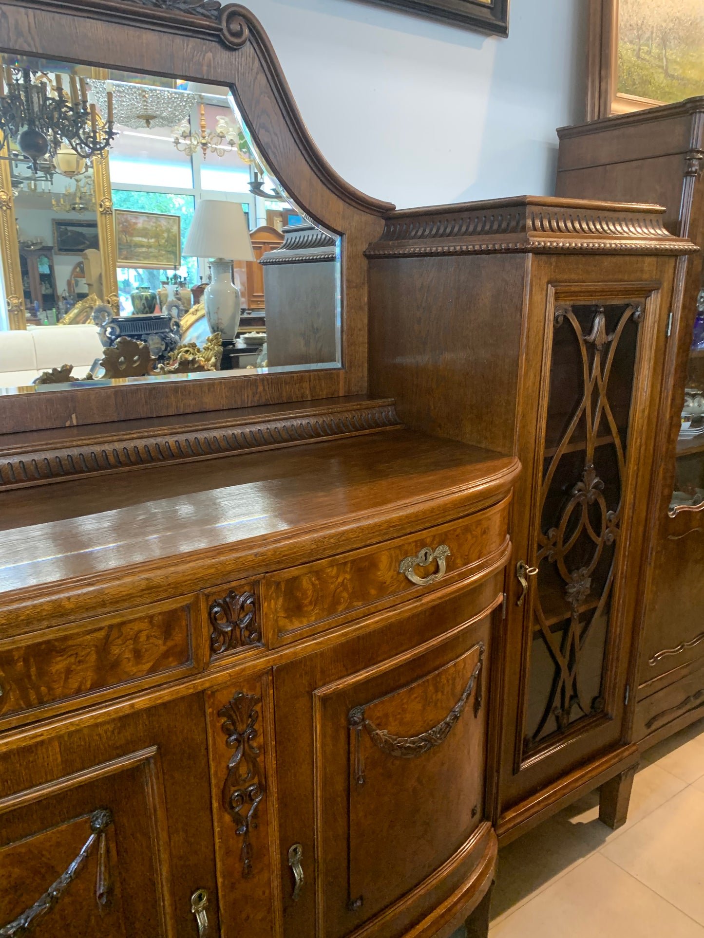 Kredens secesyjny, dębowy z lustrem