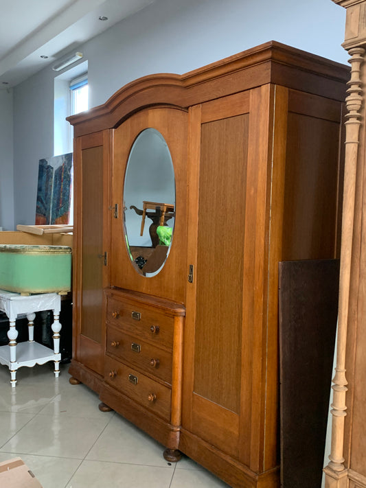 Szafa 3-drzwiowa dębowa, lustro owalne fazowane