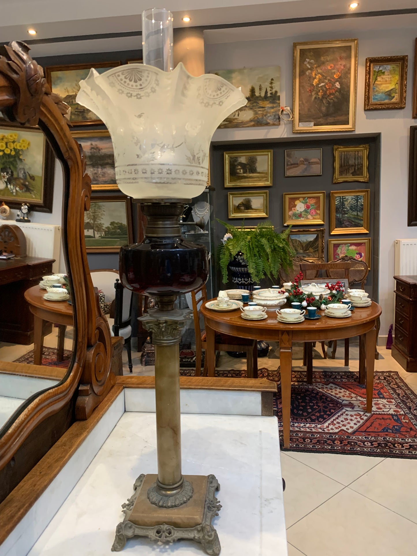 19th/20th century column oil lamp by HA Brenner 