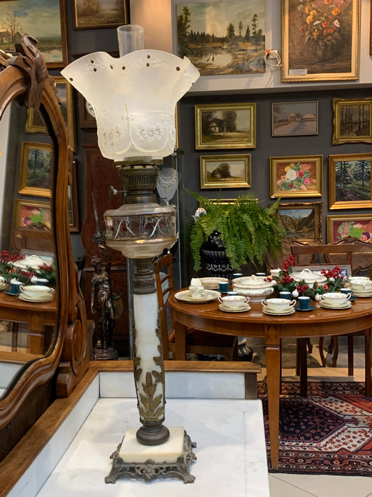 Lampa naftowa, kolumnowa XIX/XX w. sygnowana Brenner