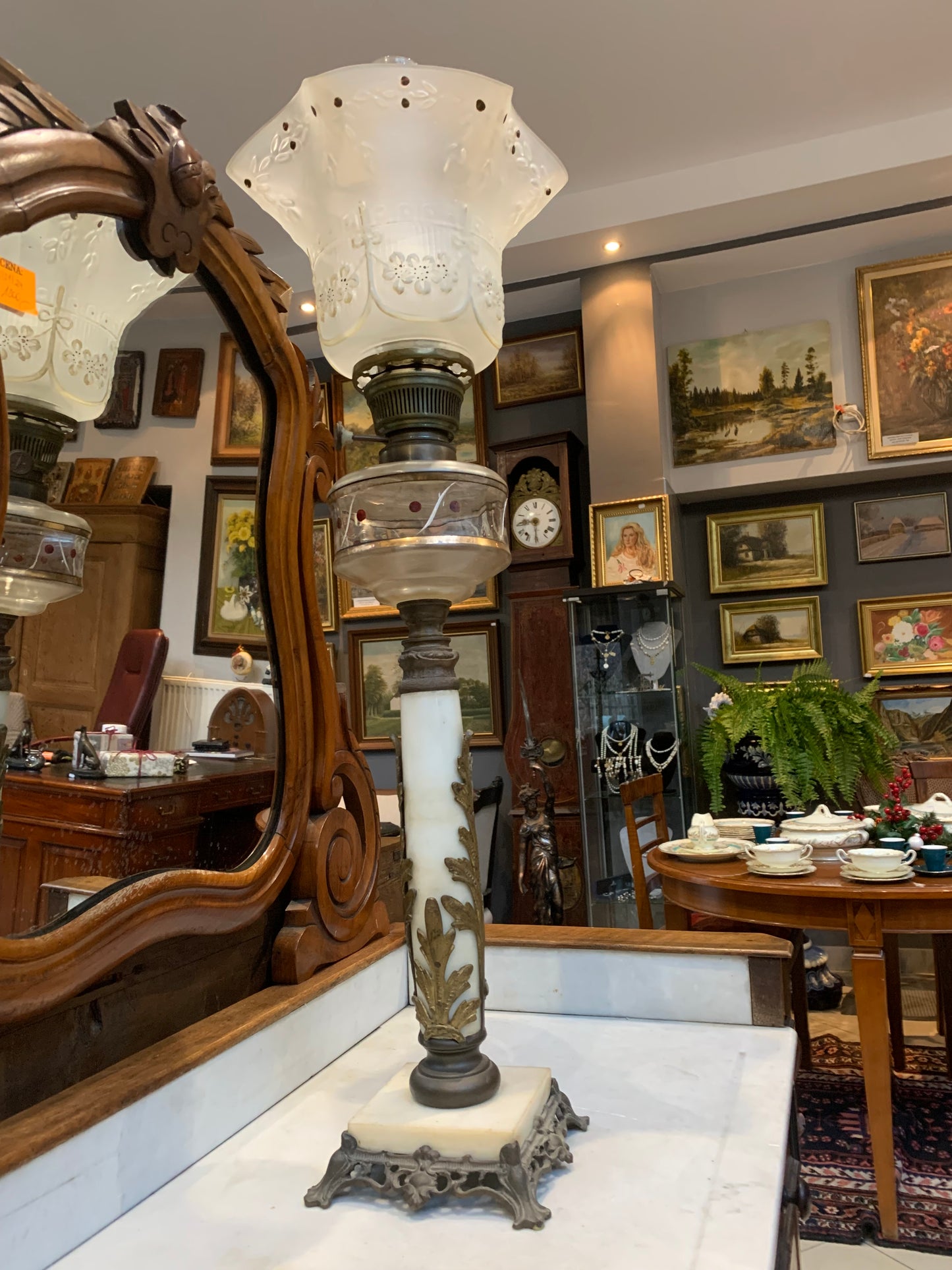 19th/20th century columnar oil lamp, signed Brenner