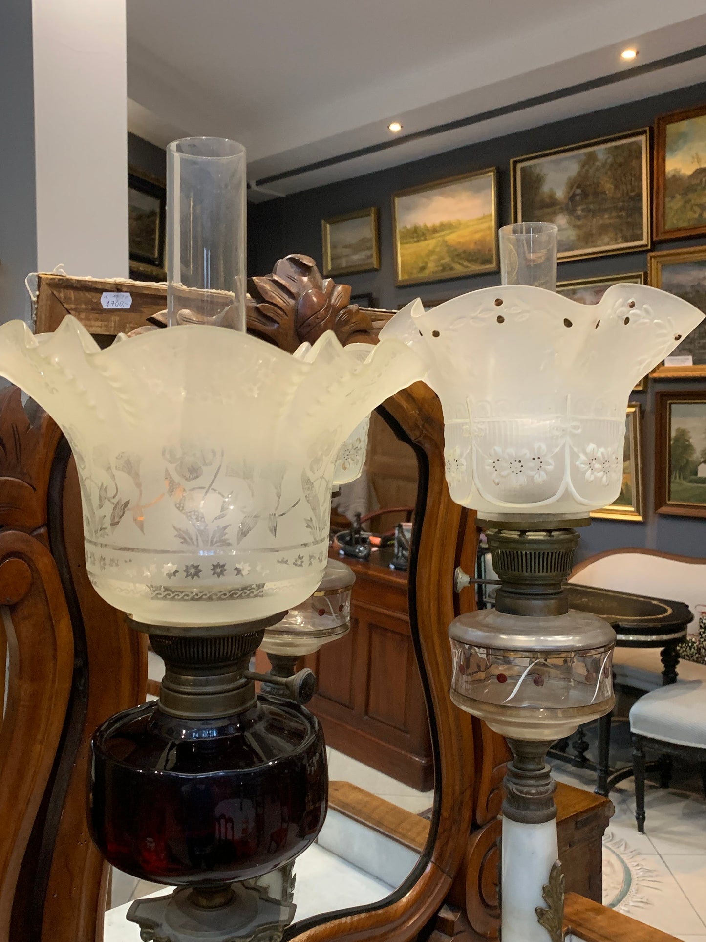 19th/20th century columnar oil lamp, signed Brenner