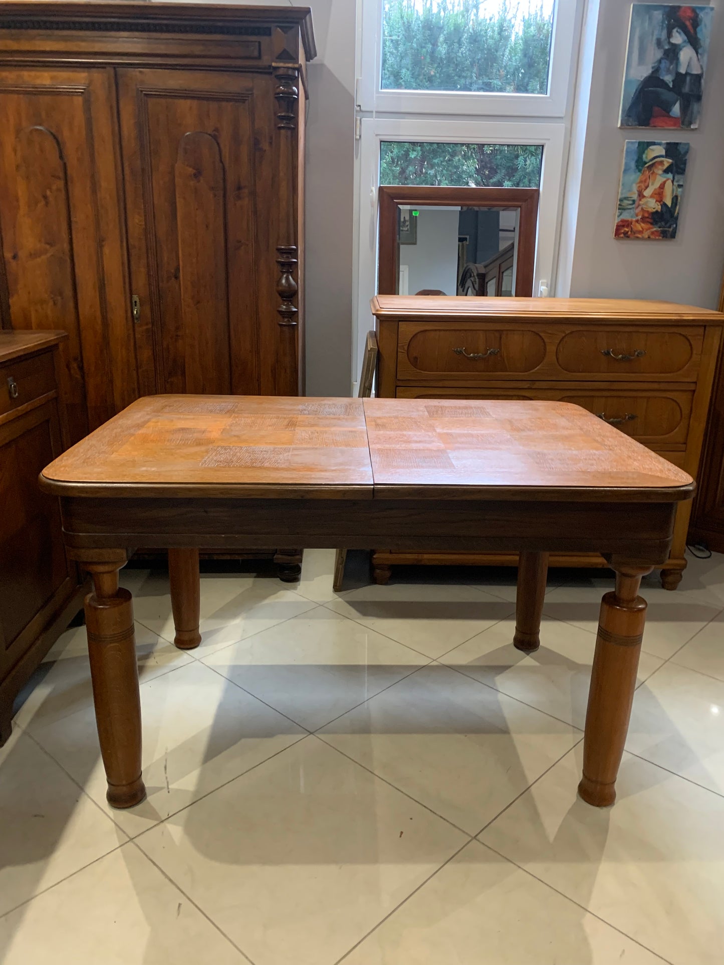 Stół rozkładany, zabytkowy "szachownica" dębowy