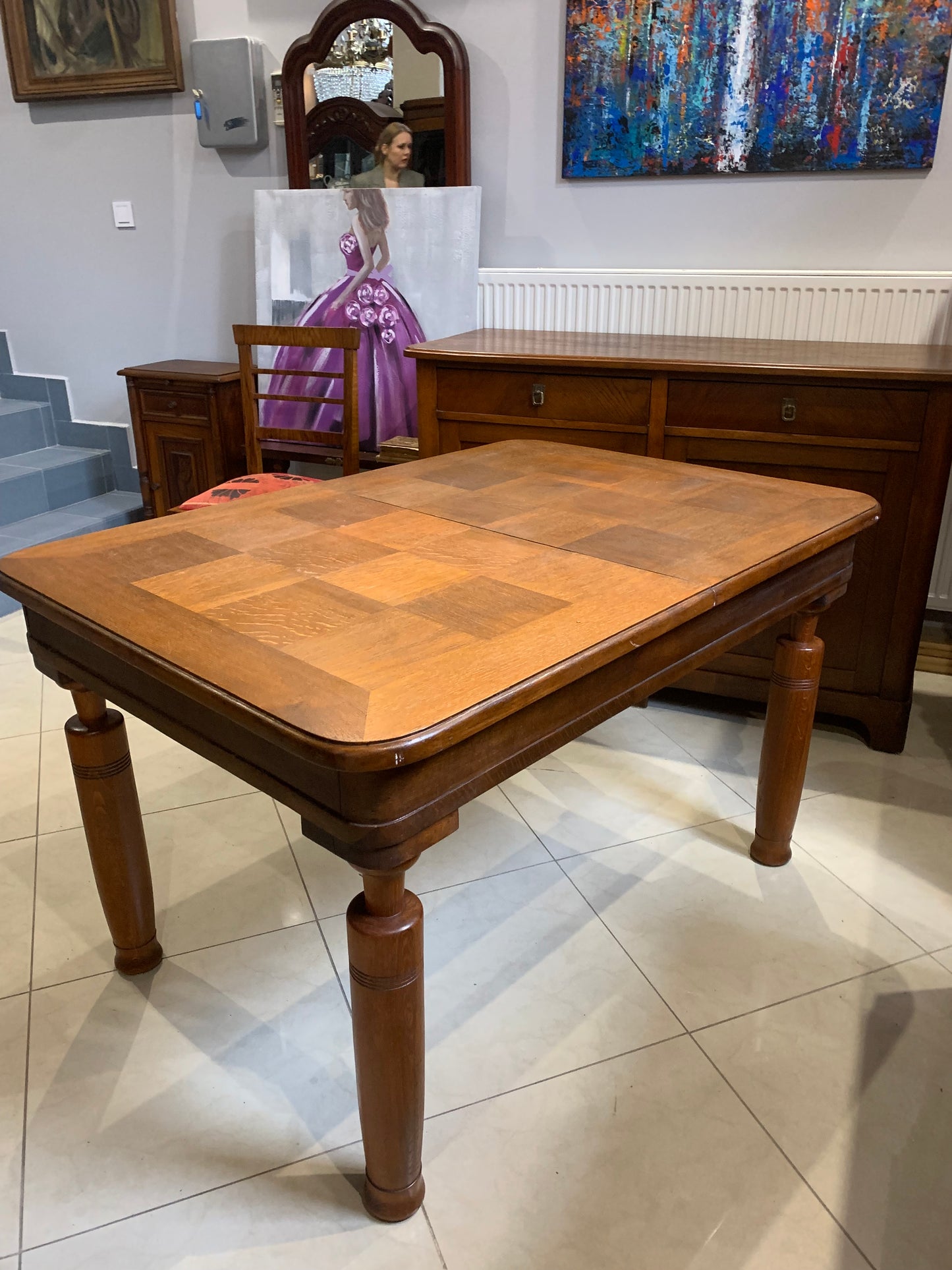 Stół rozkładany, zabytkowy "szachownica" dębowy