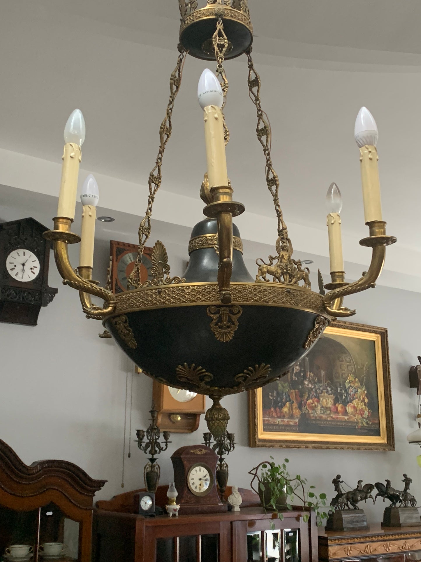 Żyrandol secesyjny, mosiądz, świece